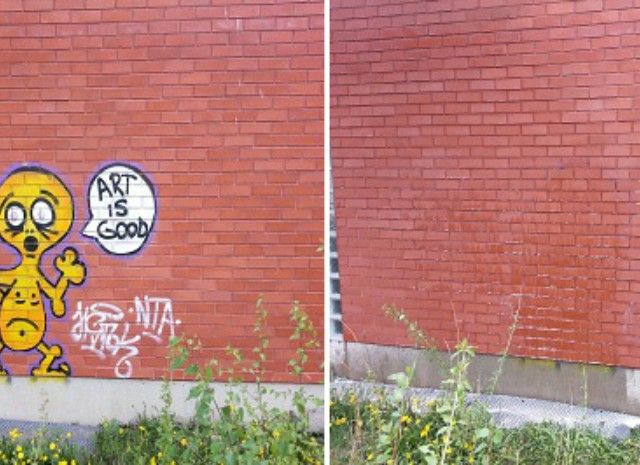Graffitin poisto tiiliseinästä.